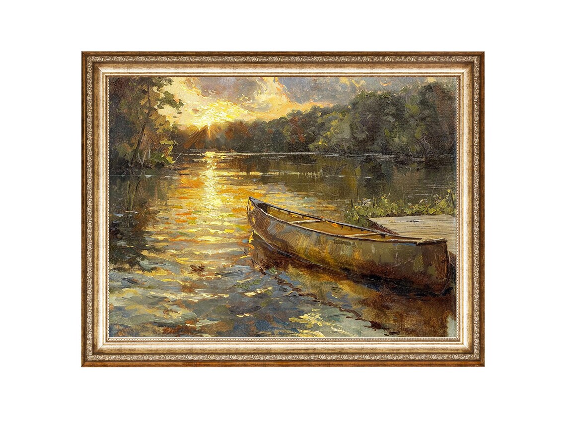 Boat on Lake Sunset Landscape, Vintage Prints