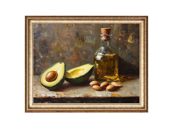 Still Life With Avocado Nuts And Olive Oil Food Oil Painting Cottage Core Art Vintage Painting Wall Art Prints