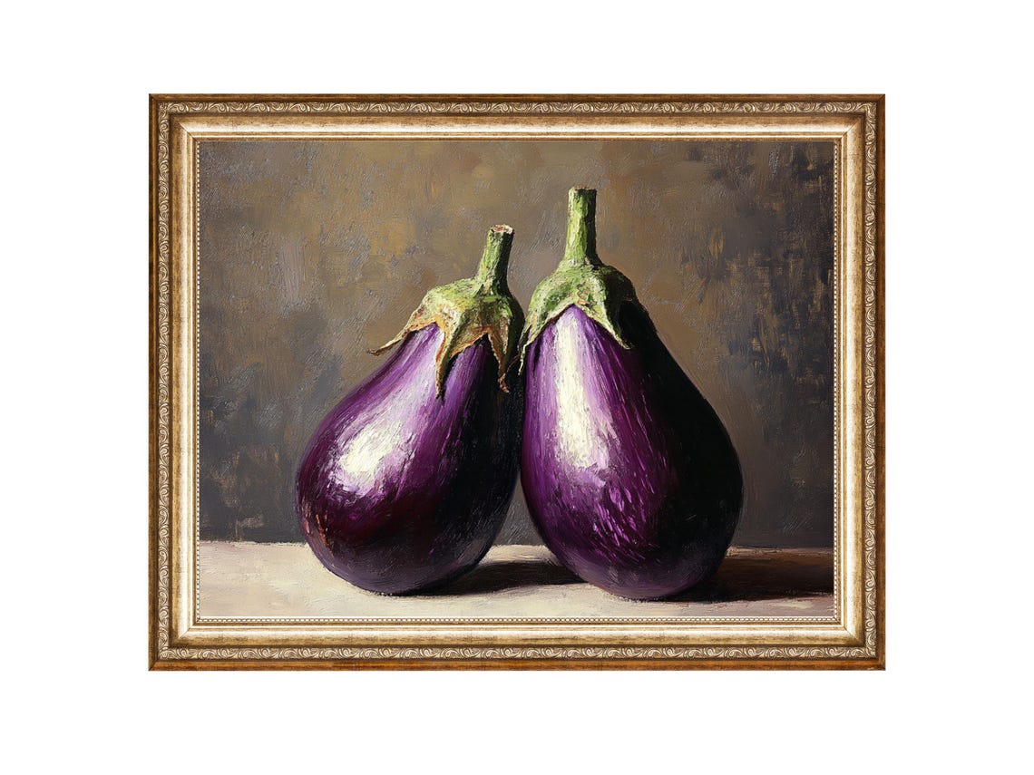 Eggplant Art Country Kitchen Still Life Moody Food Art Oil Painting Cottage Core Art Best Gifts Vintage Painting Prints