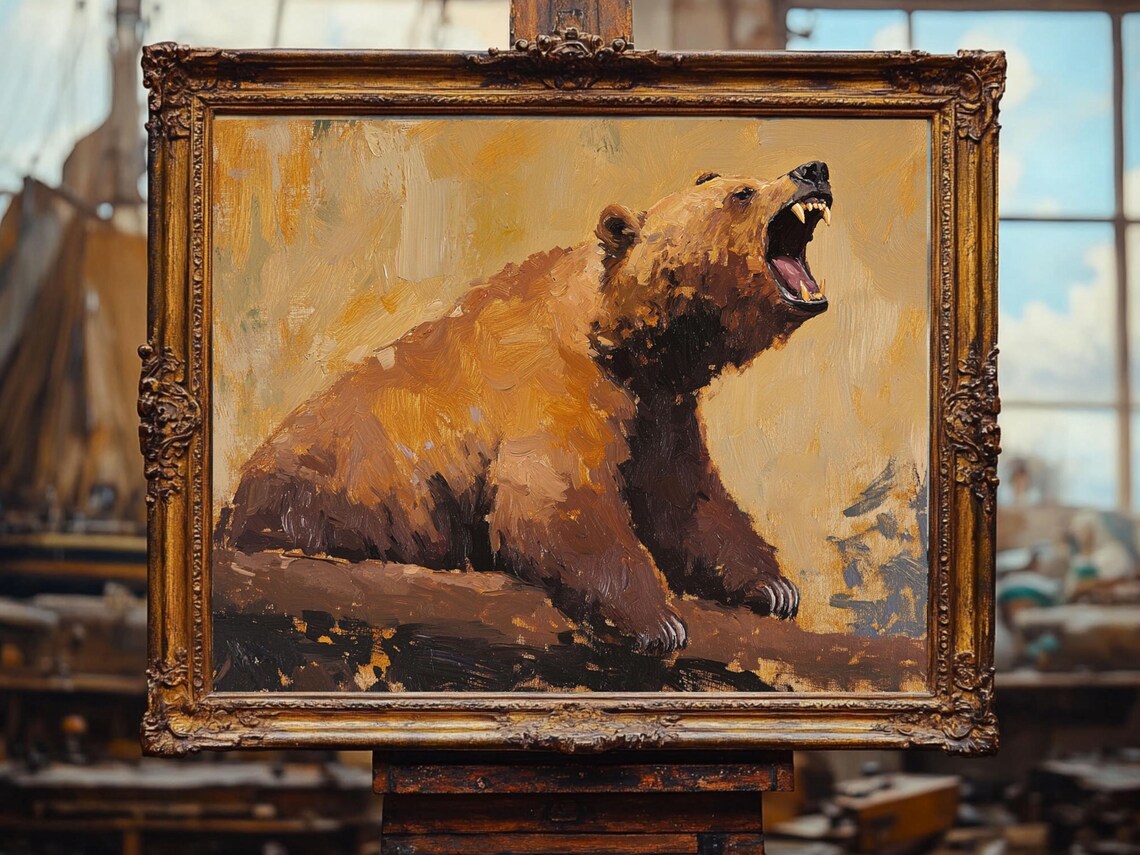 Roaring Brown Bear Bold Wildlife Oil Painting Dramatic Animal Poster - Image 3
