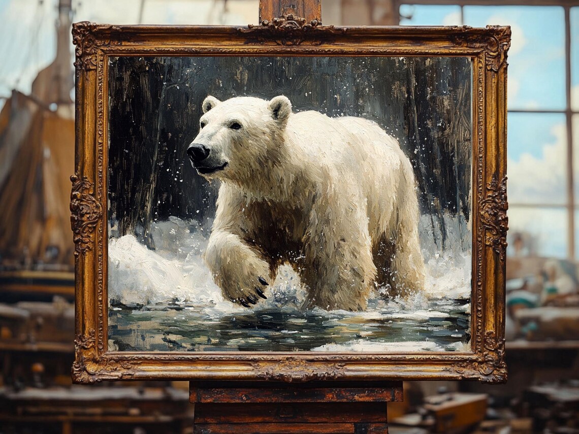 Polar Bear in Icy Water Dark Forest Oil Painting Arctic Poster - Image 2