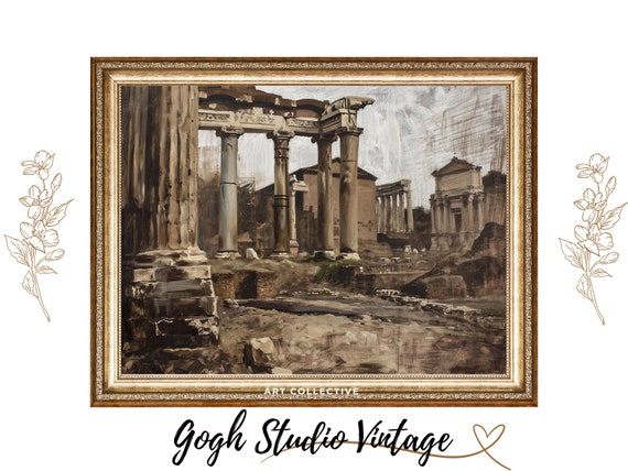 Italy Painting Vintage Roman Forum Oil Painting Rome Landmark Print Architectural Wall Decor Art