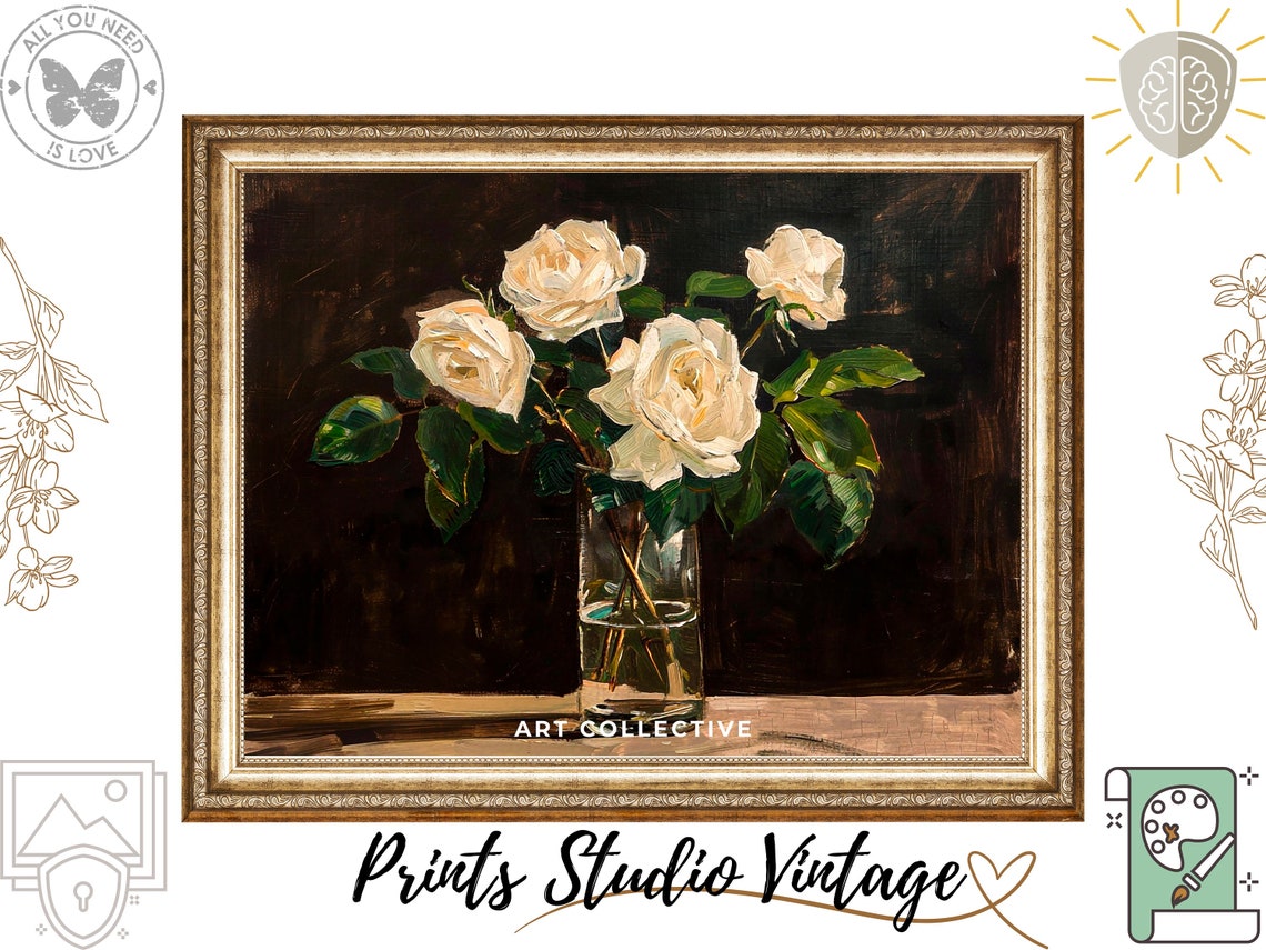 White Roses Floral Oil Painting Flower Bouquet Flower Print Vintage Flower Dark Cottagecore Flower Wall Art Vase Of Flowers