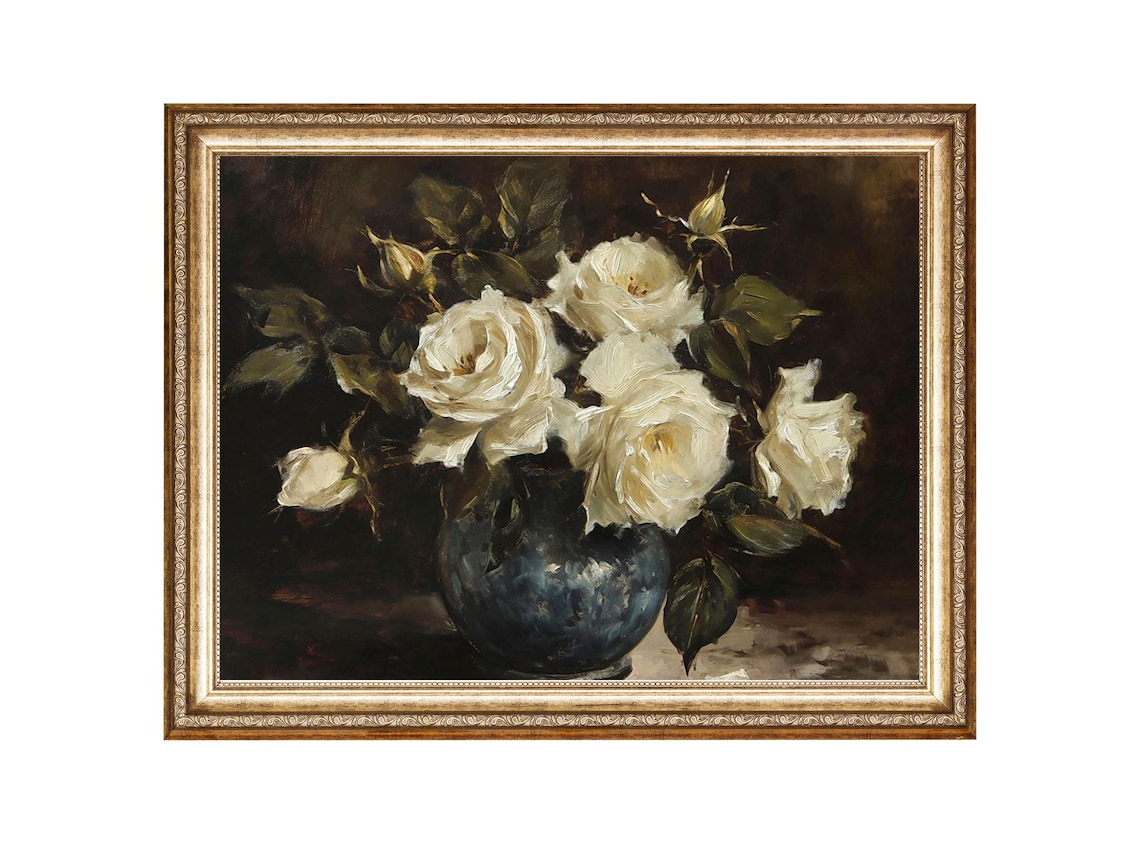 Dark Floral Roses Painting, Vintage Wall Art