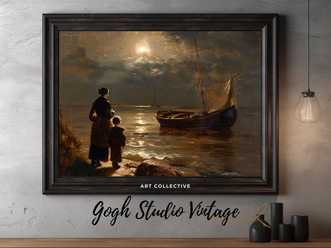 Coastal Decor Print Mother And Child Painting Fishing Boat Nautical Art Fine Art Oil Painting Wall Art Art Print - Image 2