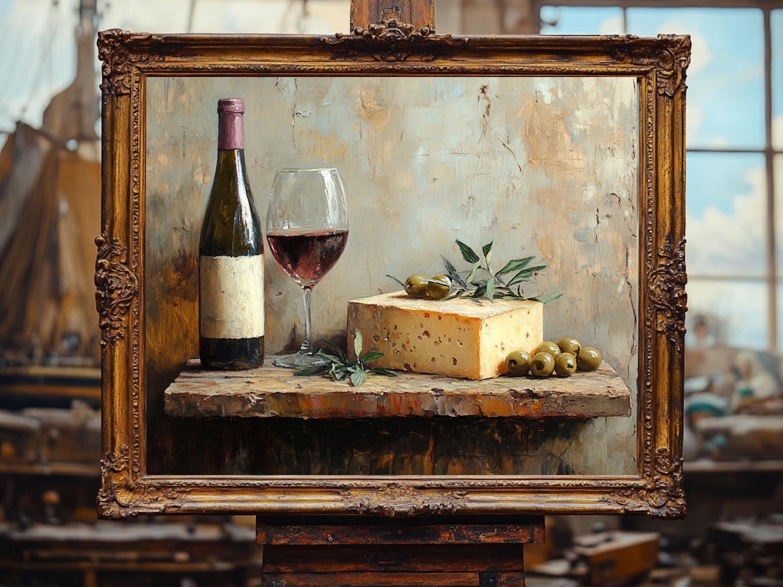 Wine Cheese and Olives Rustic Mediterranean Still Life Poster - Image 2