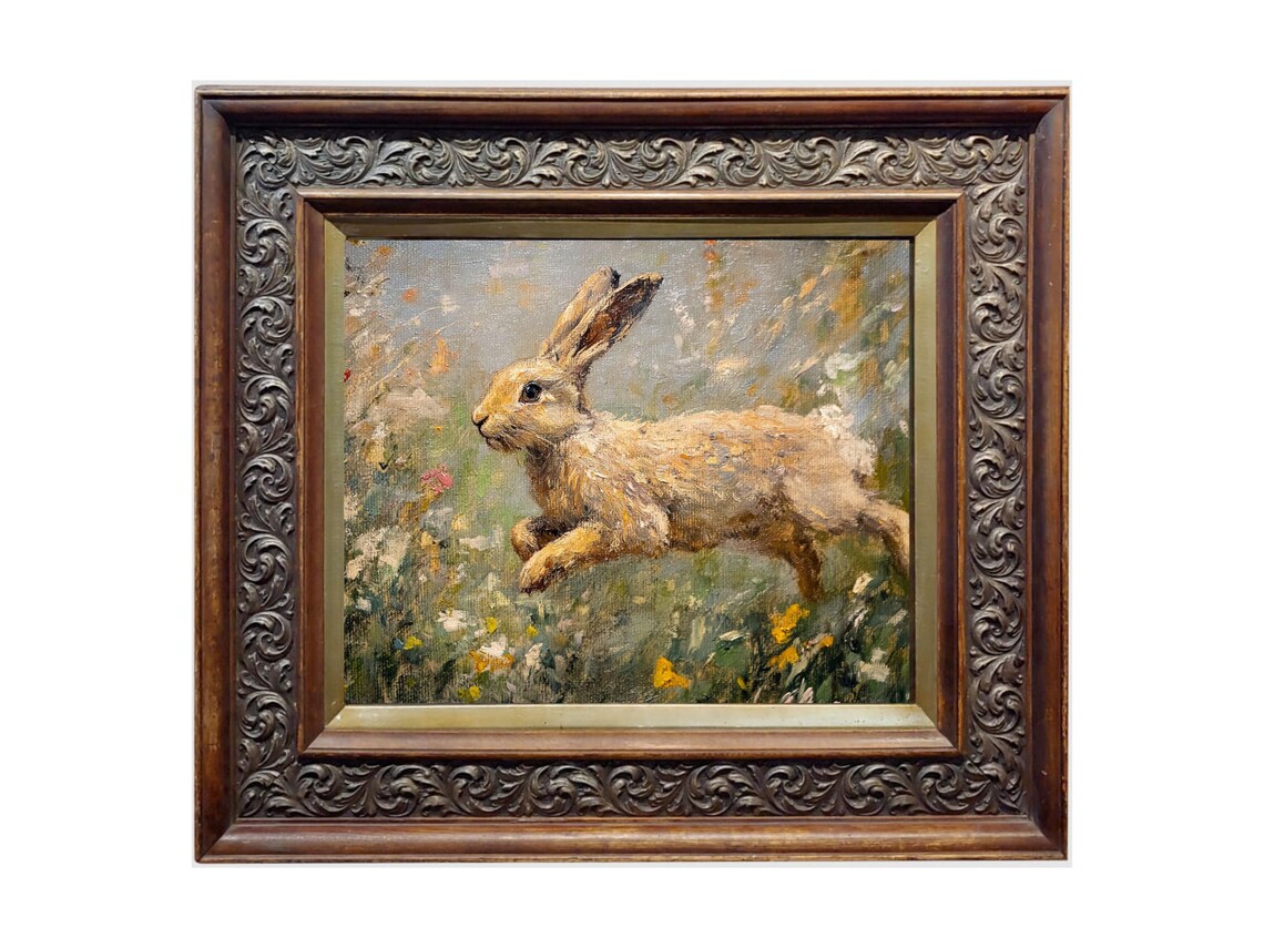 Running Hare Through Wildflower Meadow Wildlife Painting Poster - Image 2