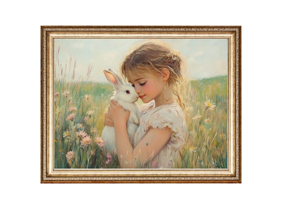 Girl Hugging White Bunny in Wildflower Meadow Cottagecore Poster