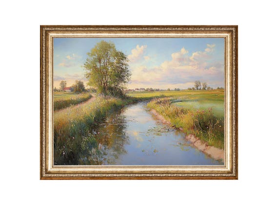Countryside River Scene With Green Fields And Trees Oil Painting Cottage Core Art Vintage Painting Wall Art Prints