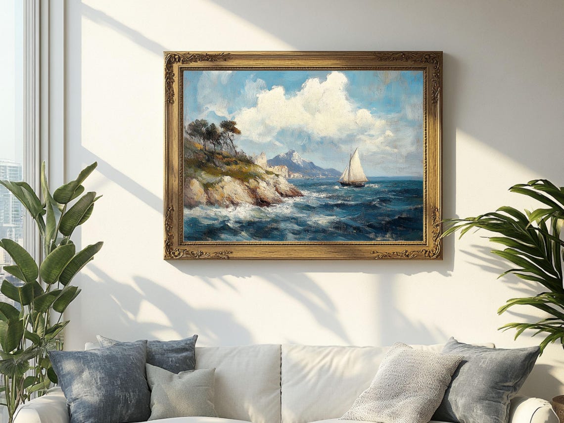Sailing Boat Coastal Seascape, Vintage Nautical Art Print - Image 2