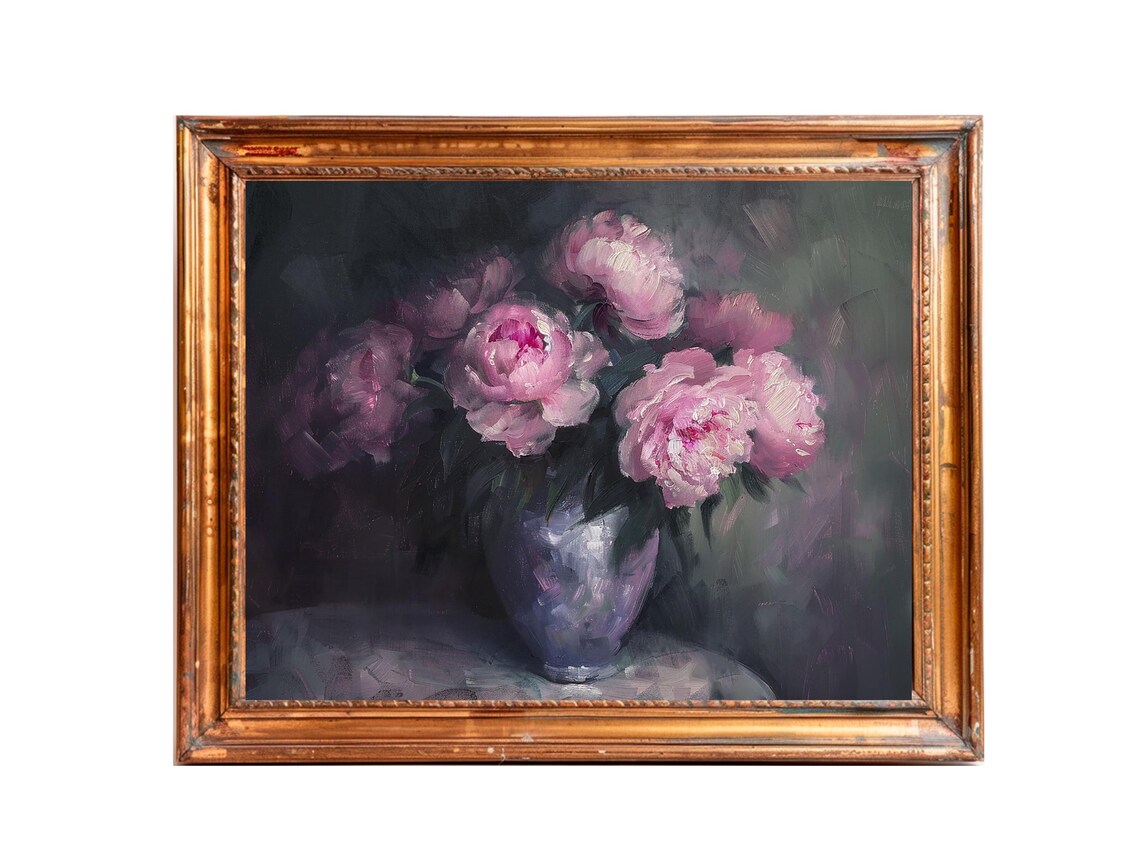 Dark Floral Pink Peonies Bouquet Vintage Wall Art Print - Image 3