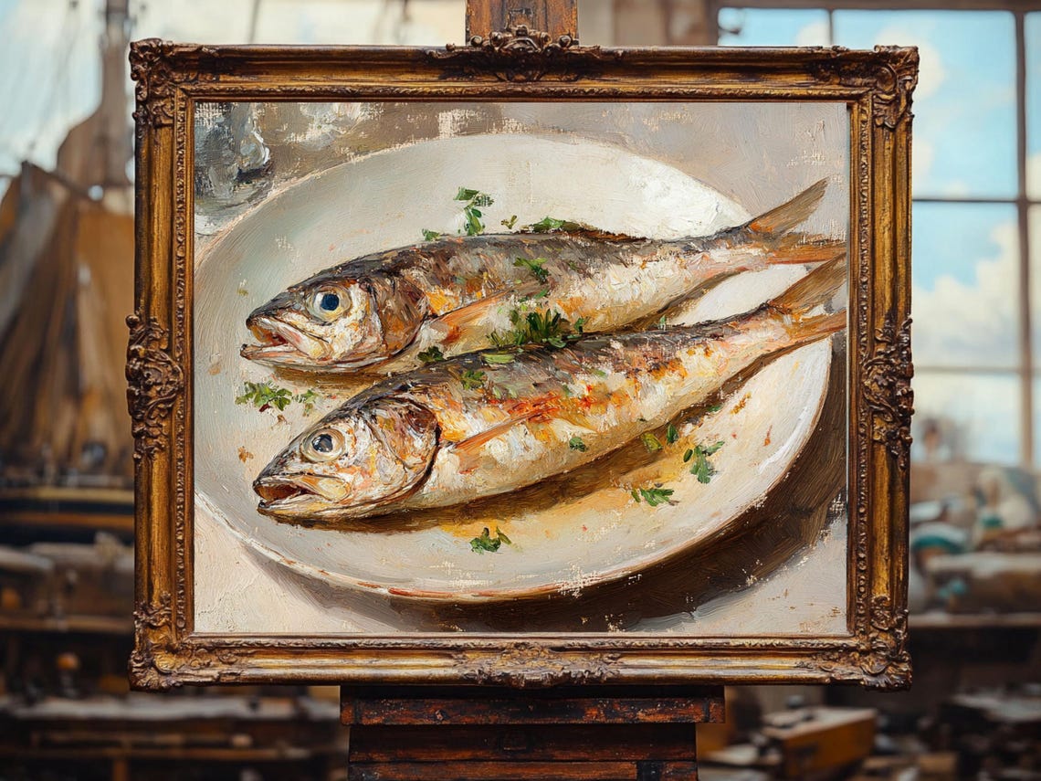 Food Art Fish Painting Nautical Art Oil Painting Cottage Core Art Best Gifts Vintage Painting Wall Art Prints - Image 2