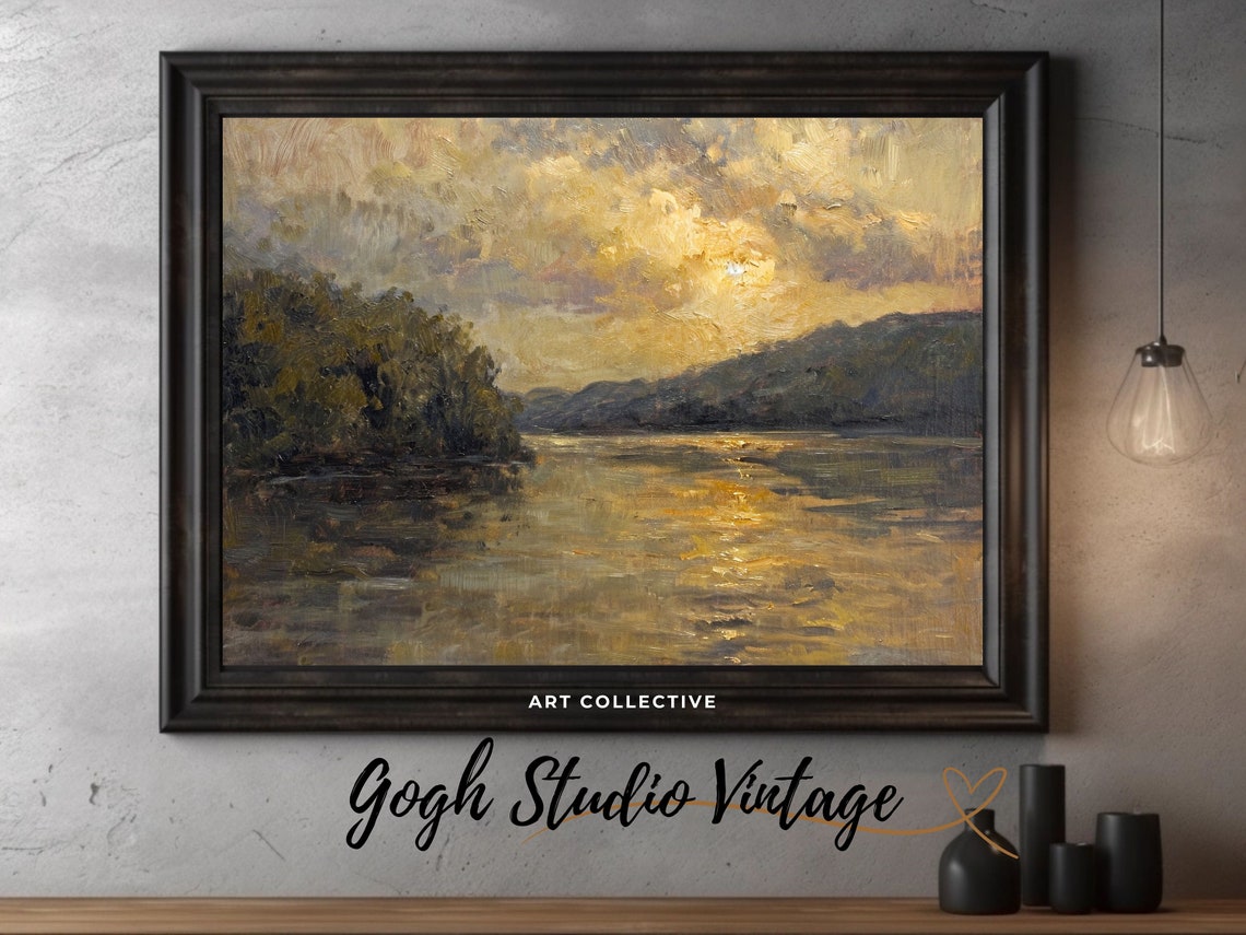 Sunset Lake Painting Nature Wall Art Country Farmhouse Vintage Antique Oil Painting Artwork Frame Tv - Image 3