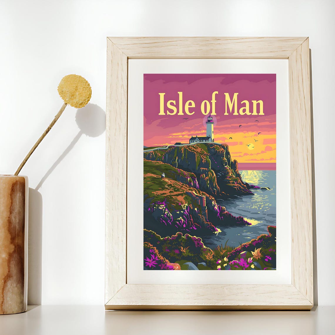 Isle Of Man Lighthouse Rocky Cliffs Sunset Vintage Travel Poster