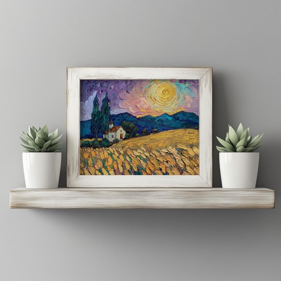 Moody Wheat Field Under Violet Sky With Swirling Sun Rustic Landscape Wall Art Farmhouse Country Decor Painting