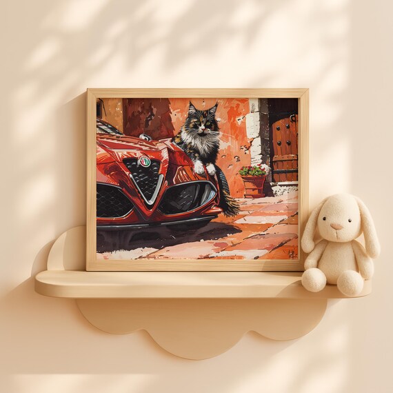 Maine Coon Cat Sitting on Red Alfa Romeo Gouache Nursery Poster