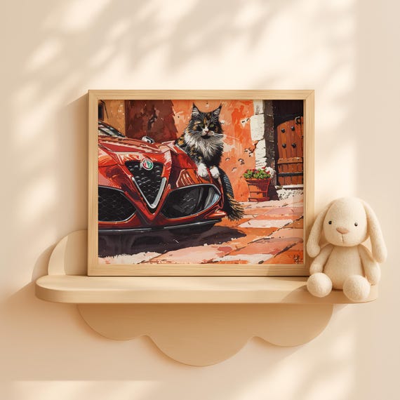 Maine Coon Cat With Red Car Gouache Nursery Wall Art Kids Room Decor Cute Animal Print
