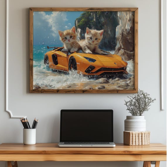 Funny Kittens Driving Supercar Print Whimsical Cat Wall Art