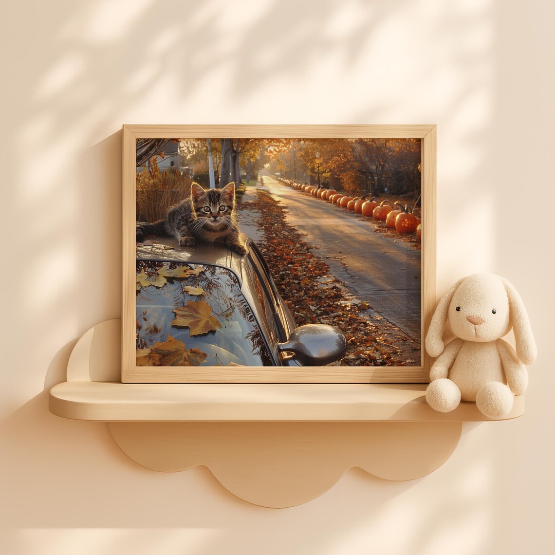 Tabby Kitten Car Roof Suburban Autumn Pumpkin Road Scene Poster