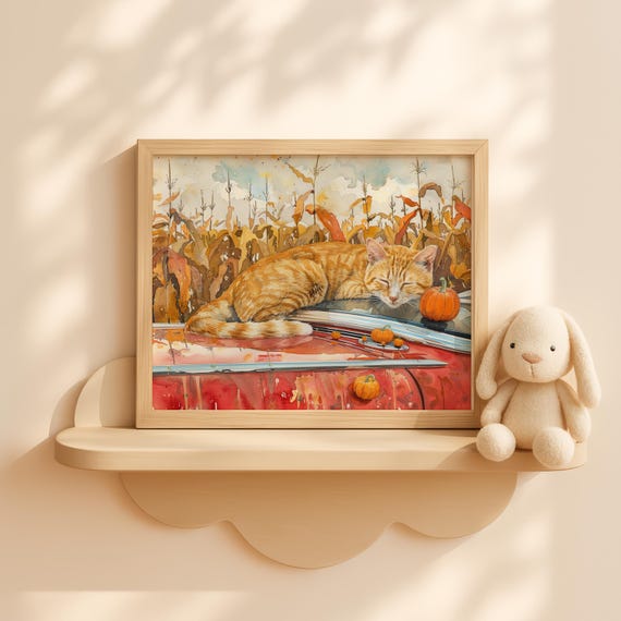 Orange Tabby Cat Corn Maze Car Art Fall Wall Decor Rustic Autumn Farm Painting Halloween Landscape