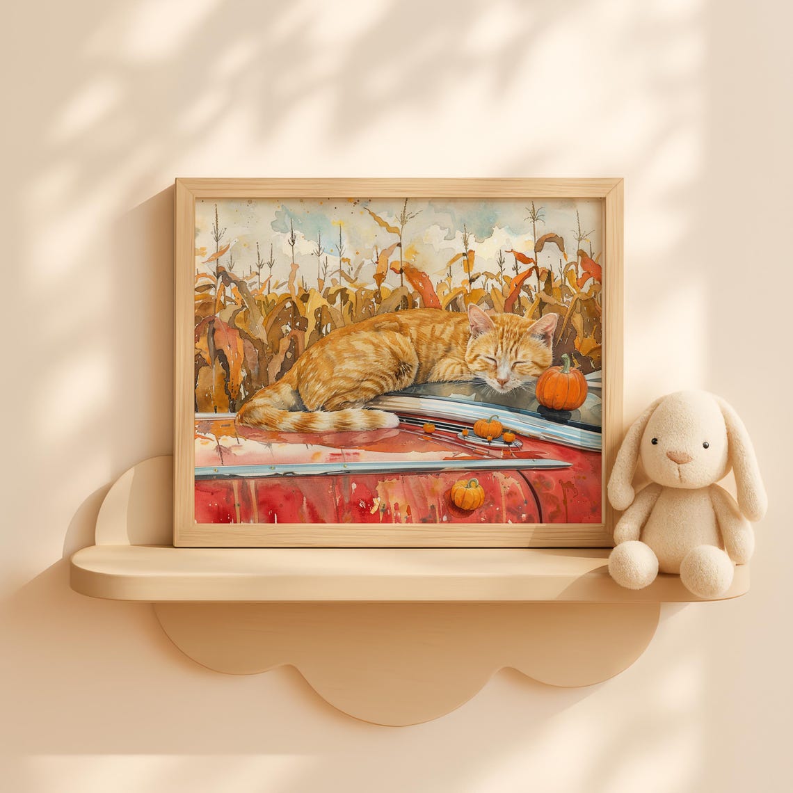 Orange Tabby Cat Corn Maze Car Art Fall Wall Decor Rustic Autumn Farm Painting Halloween Landscape