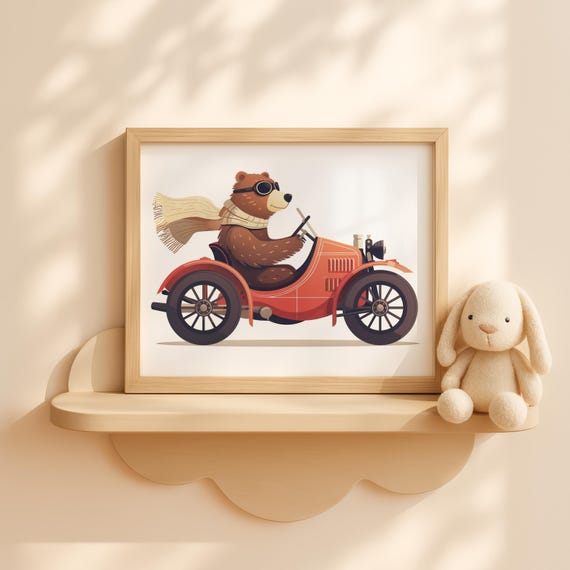 Brown Bear In Vintage Orange Race Car Wall Art Cute Animal Driving Nursery Racing Decor Forest Illustration