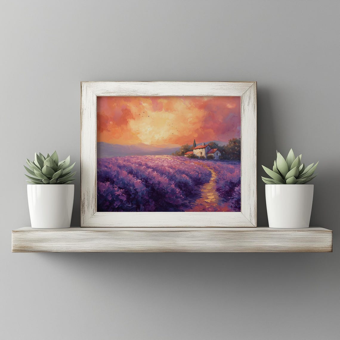 Lavender Fields Rolling Toward Distant Farmhouse Sunset Poster