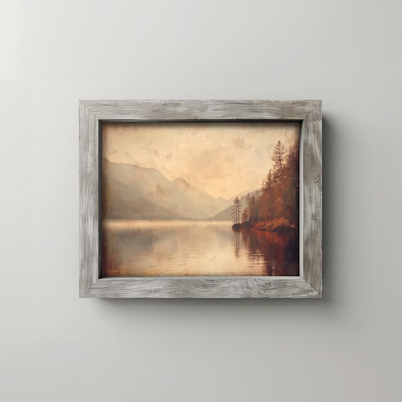Misty River Scene Oil Painting On Canvas Earthy Autumn Landscape Vintage Wall Art Moody Fall Forest Decor