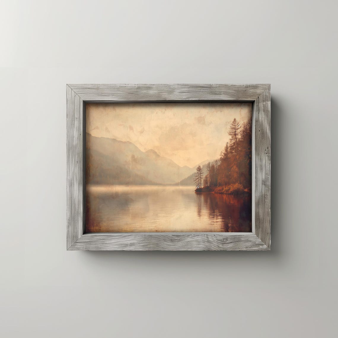 Misty River Scene Oil Painting On Canvas Earthy Autumn Landscape Vintage Wall Art Moody Fall Forest Decor