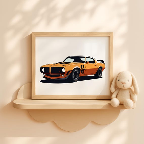 Nursery Orange Vintage Car Wall Art Baby Boy Room Decor Retro Muscle Vehicle Poster Toddler
