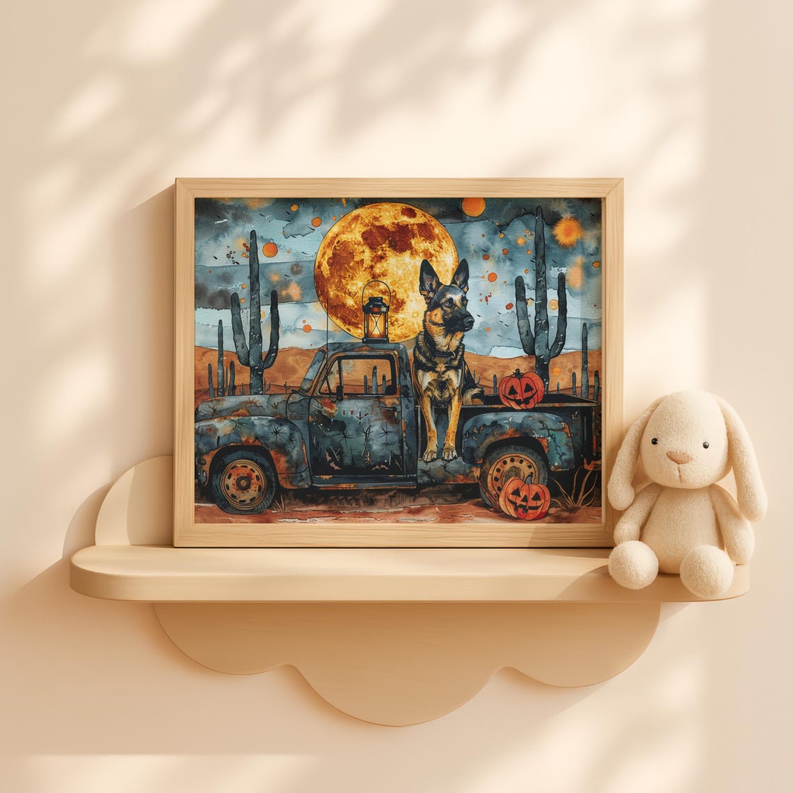 German Shepherd Halloween In Desert Scene Rustic Dog Wall Art Kids Decor Cactus Pumpkin Painting Fall