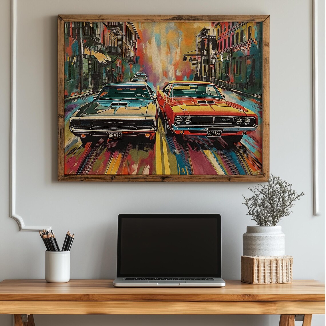 Two Classic American Muscle Cars Street Racing Colorful Art Poster