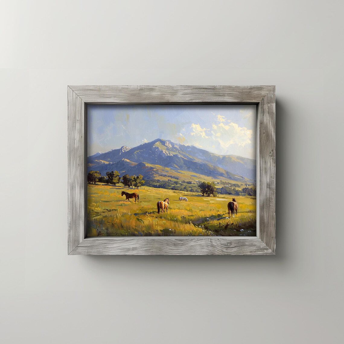 Horses Grazing in Golden Meadow Mountain Oil Painting Poster
