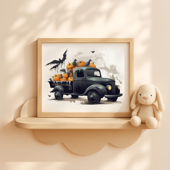 Nursery Spooky Haunted Truck With Pumpkins Wall Art Baby Room Halloween Decor Toddler Fall Car Poster Print