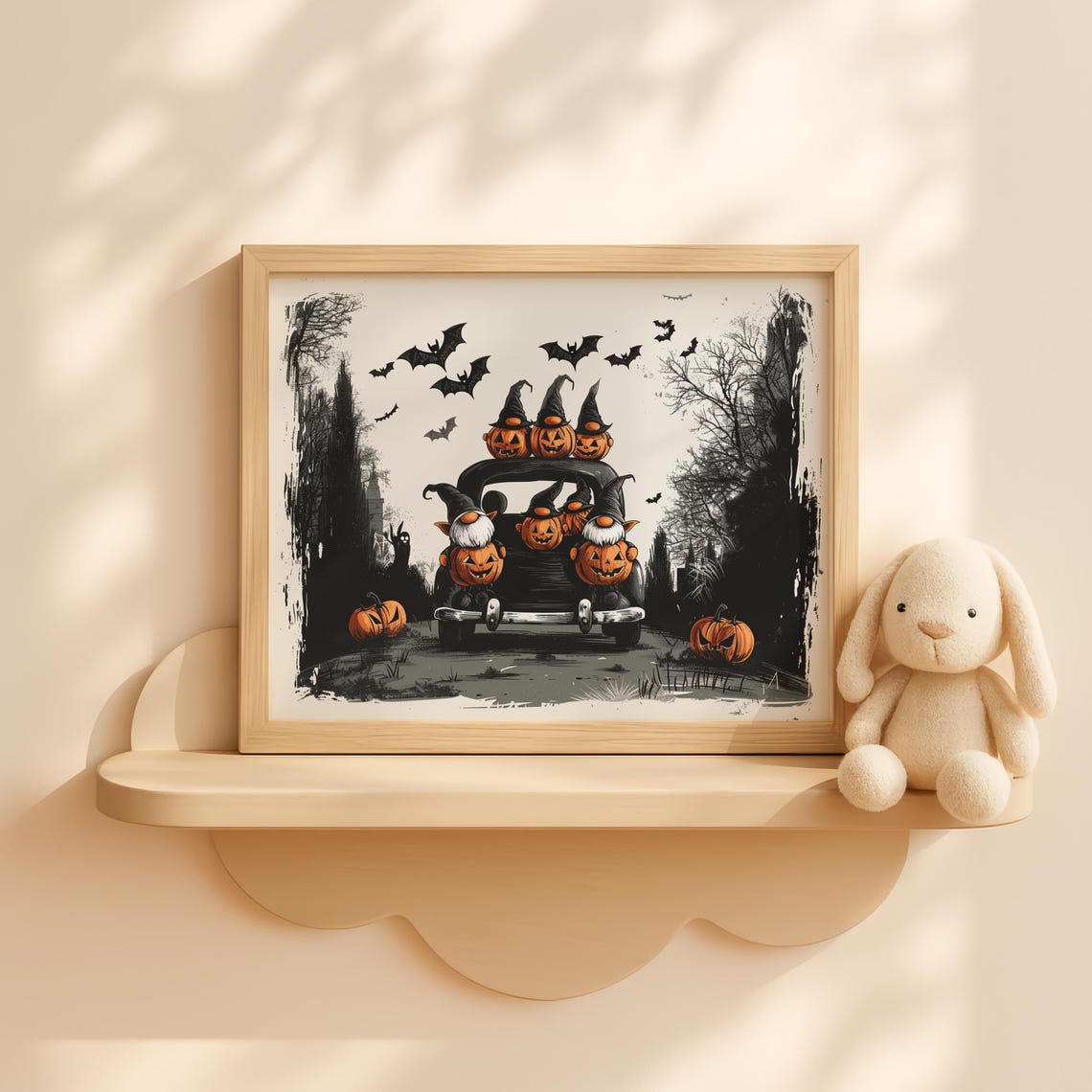 Halloween Gnome Car Art Spooky Pumpkin Scene For Kids Cute Black And White Decor