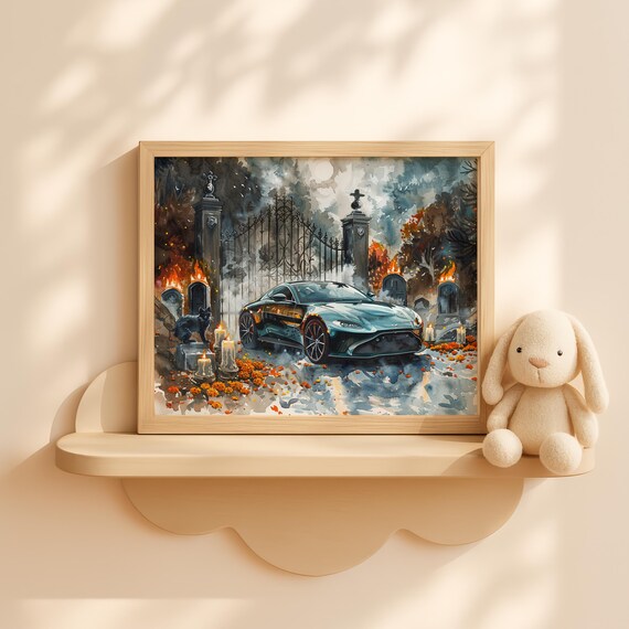 Cemetery Gate Halloween Wall Art Gothic Fall Scene Pumpkin Decor Moody Graveyard Dark