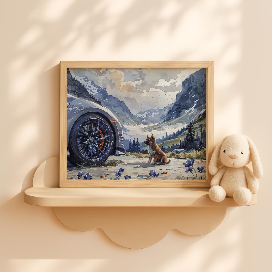 Shiba Inu Puppy Watercolor Sports Car Mountain Valley Kids Room Wall Art