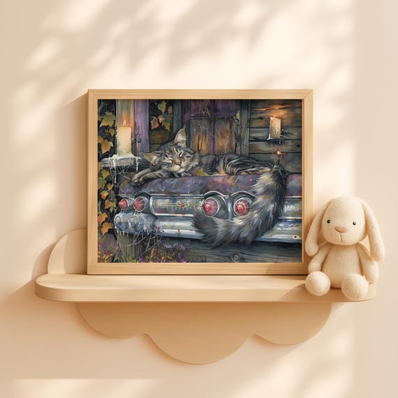 Farmhouse Porch Cat Art Rustic Fall Country Autumn Landscape Vintage Wall Decor Painting