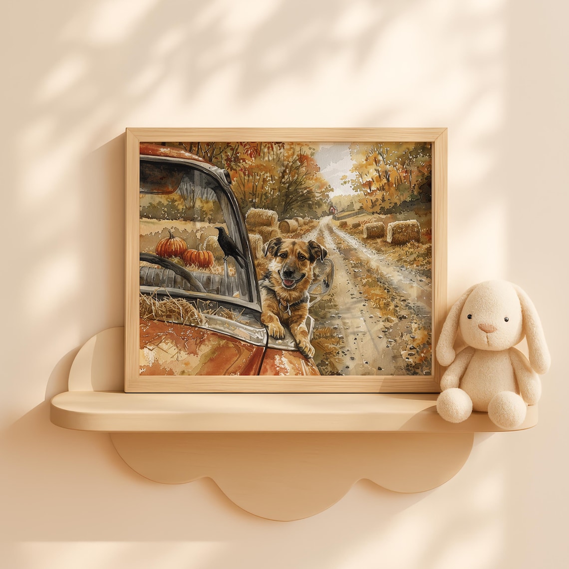 German Shepherd Truck Ride Autumn Country Road Watercolor Poster