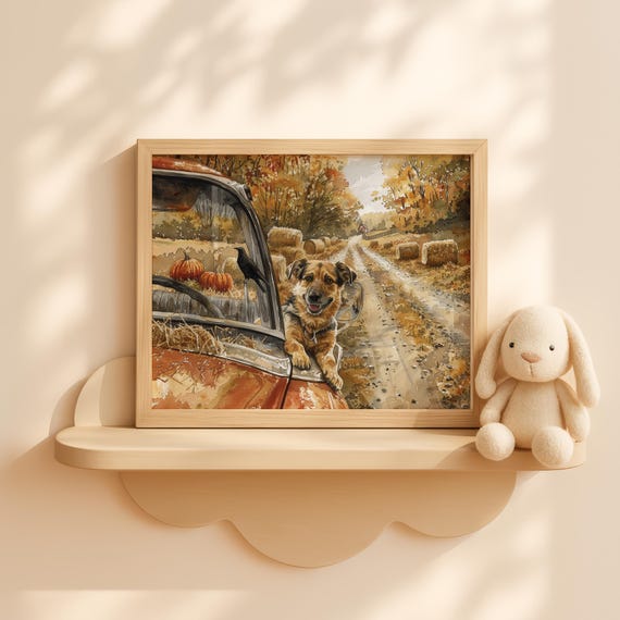 German Shepherd Truck Ride Gravel Lane Autumn Rustic Fall Wall Art Farm Dog Painting Country Road Decor