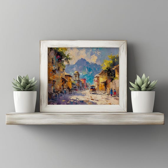 Dusty Village Road With Donkey Cart Autumn Landscape Wall Art Rustic Country Life Warm Vintage Scene Cottage Decor 38