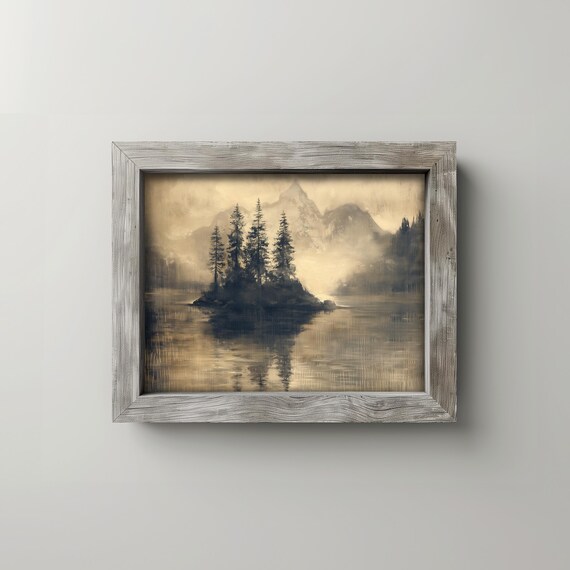 Quiet Lake With Tiny Island Moody Forest Landscape Earthy Oil Painting Style Wall Art Vintage Scene Decor