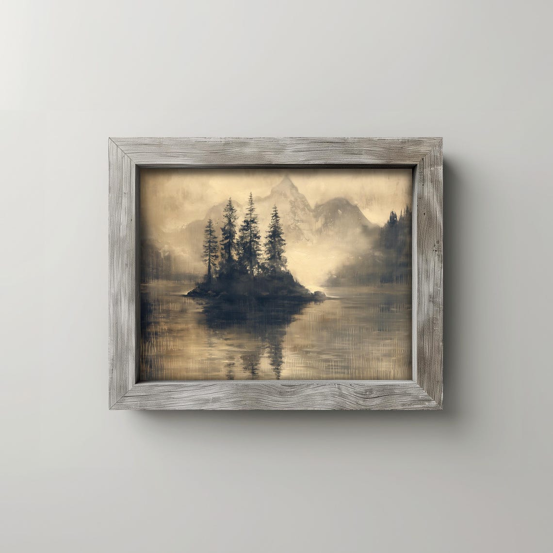 Quiet Lake with Tiny Pine Island Moody Forest Painting Art Poster