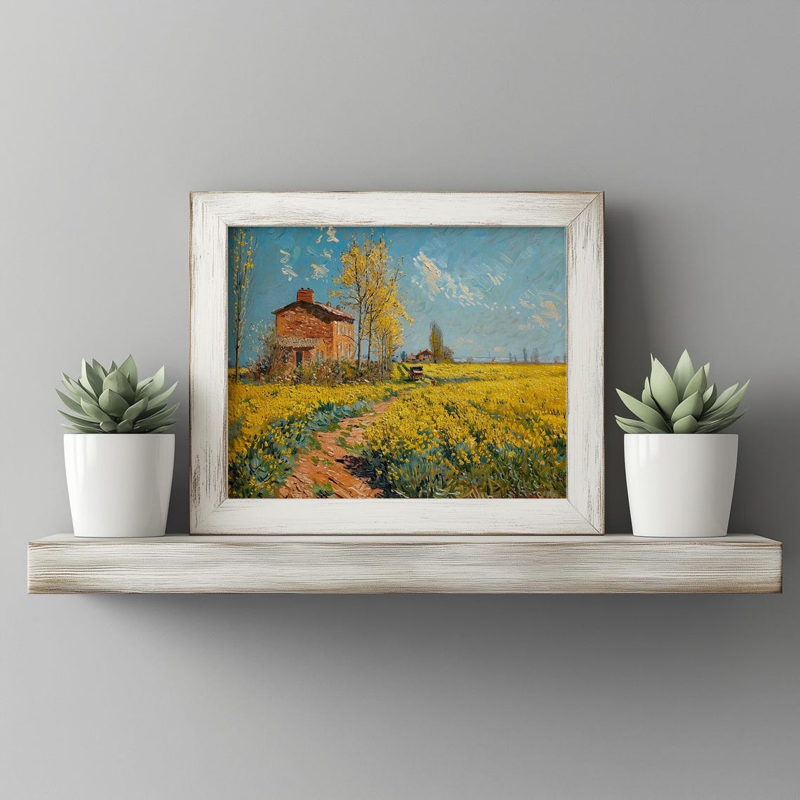 Yellow Flower Field Brick Farmhouse Hill Impressionist Art Poster