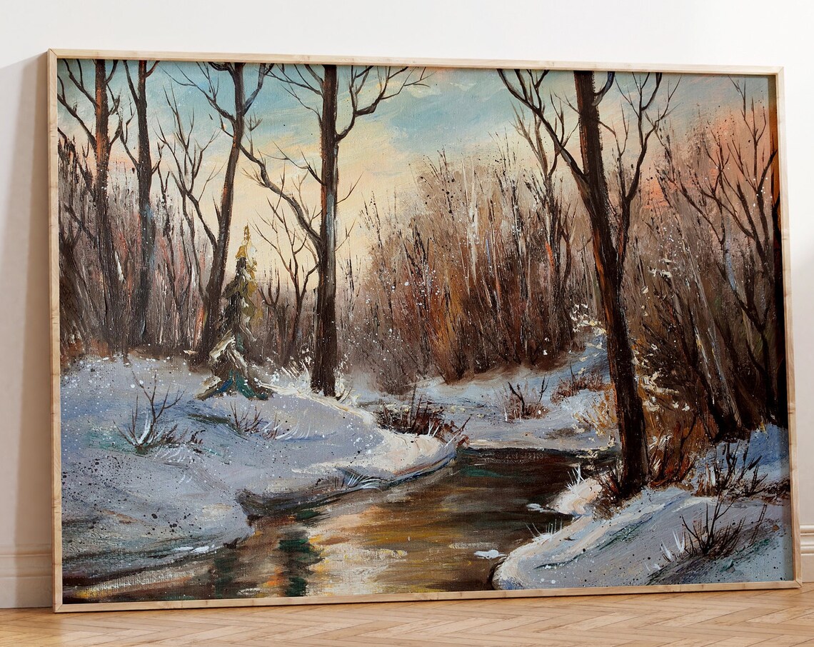 Vintage Winter Stream Snowy Bare Woods Landscape Oil Painting Print