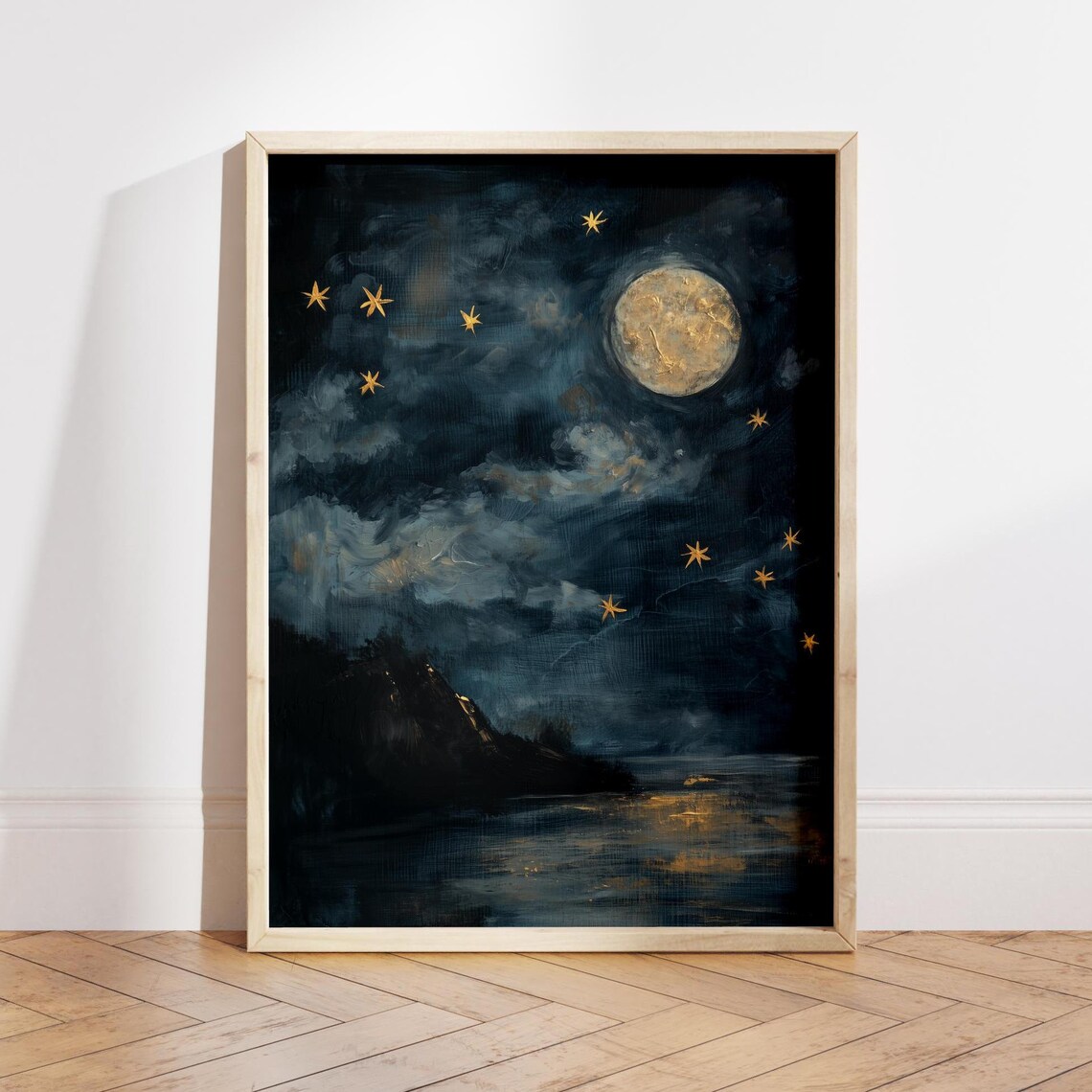 Vintage Golden Moon Starry Night Sky Over Dark Water Oil Poster