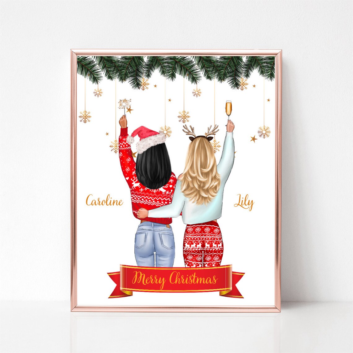 Merry Christmas Best Friends in Holiday Sweaters Custom Name Poster - Image 3
