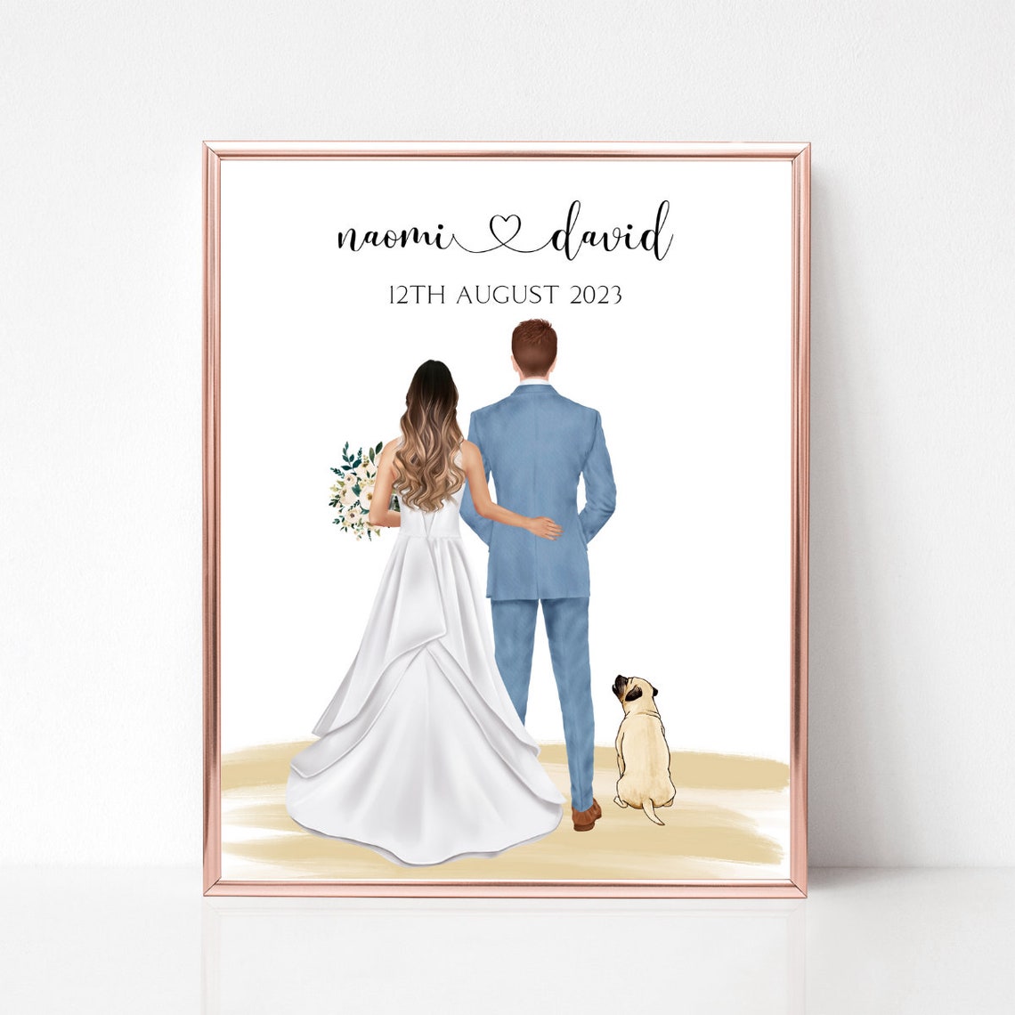 Personalized Wedding Date Couple and Pug Portrait Keepsake Poster