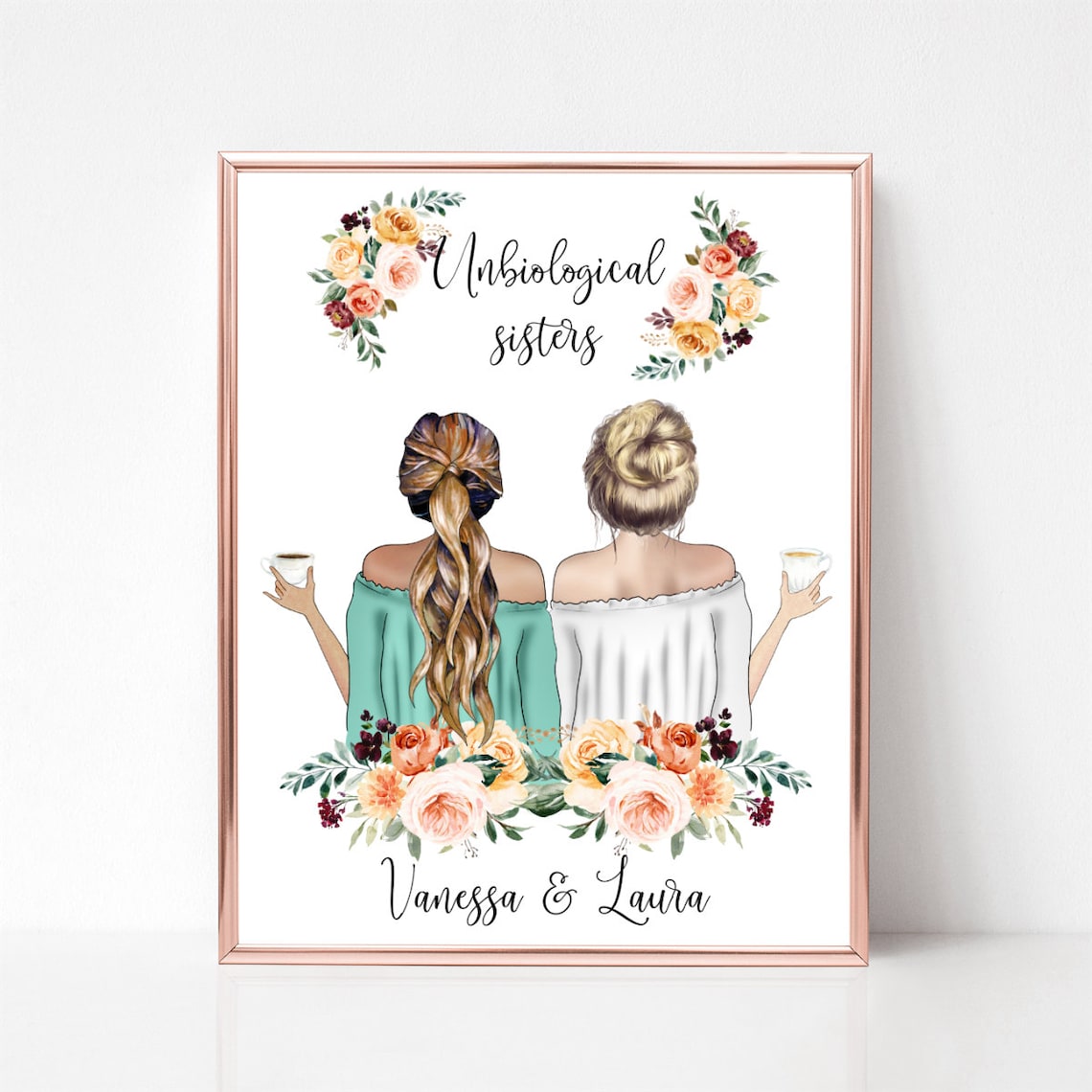 Unbiological Sisters Floral Autumn Best Friends Quote Poster - Image 2