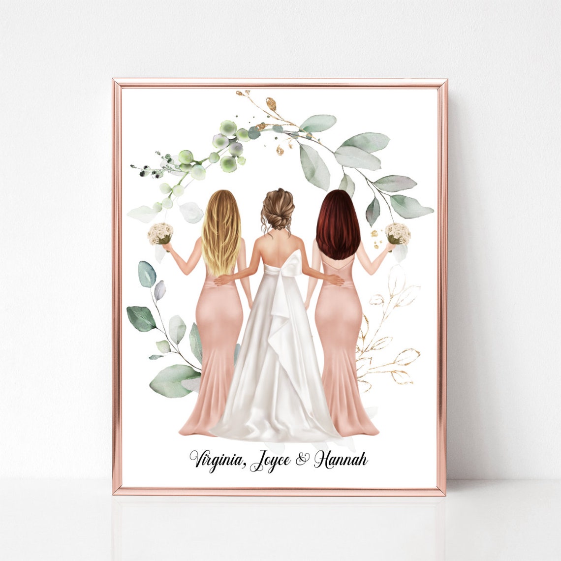 Bride With Two Bridesmaids Eucalyptus Floral Wedding Gift Poster